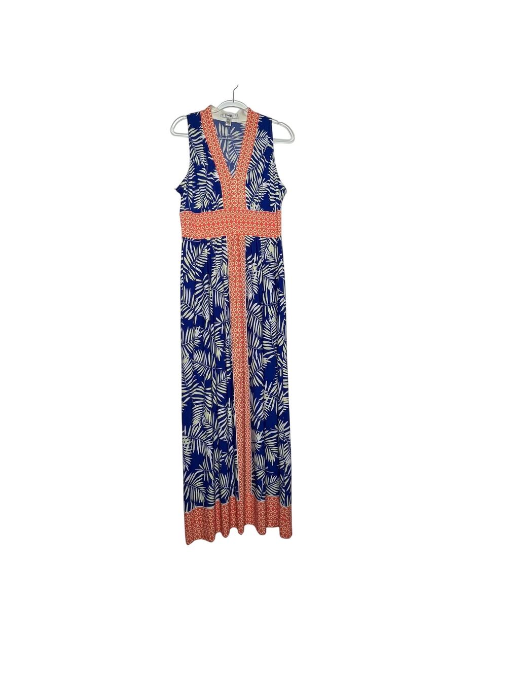 WISP Ella Jersey Maxi Dress Sleeveless V-Neck Tropical Print Blue Orange Size 12
